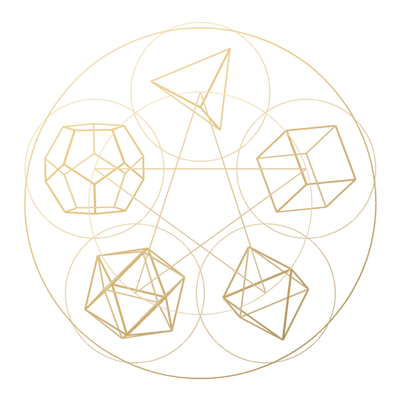 The Five Platonic Solids, drawn in gold line