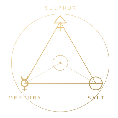 Sulphur, Mercury, Salt, drawn in gold line